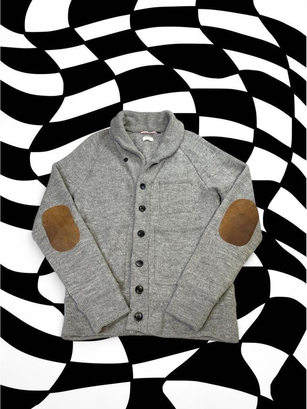 Apolis Gray wool cardigan with brown elbow patches,